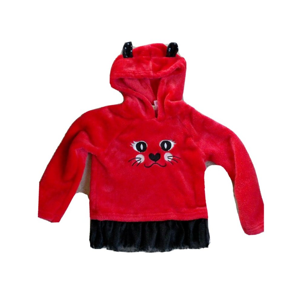 Penelope Mack Hooded Kitty Red & Black Soft Plush Pullover Top Girls